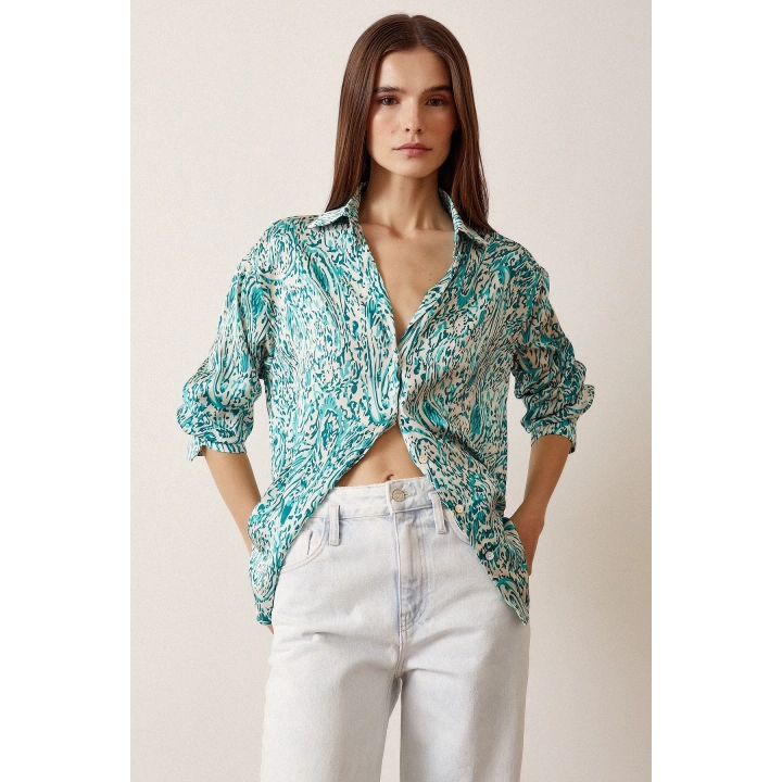 V Yaka Desenli Saten Gömlek Yeşil