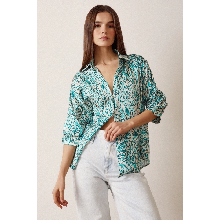 V Yaka Desenli Saten Gömlek Yeşil