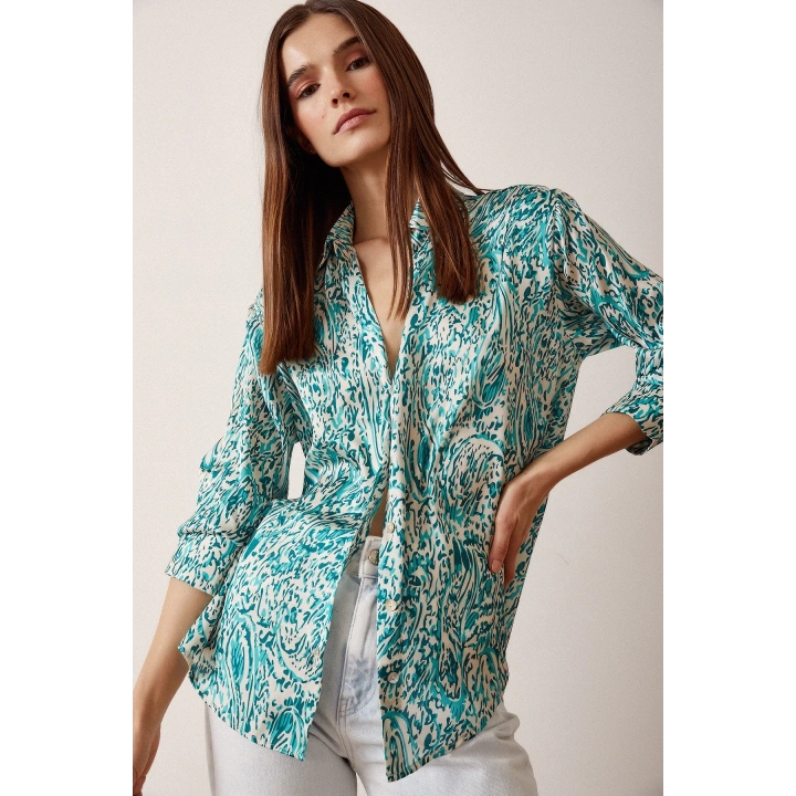 V Yaka Desenli Saten Gömlek Yeşil