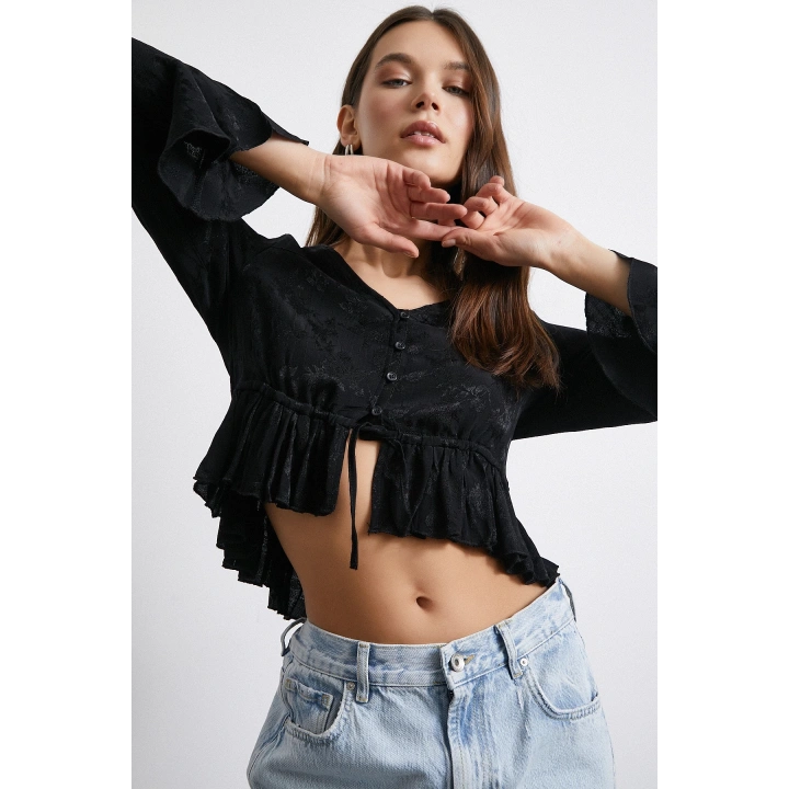 V Yaka Fırfırlı Bluz Siyah