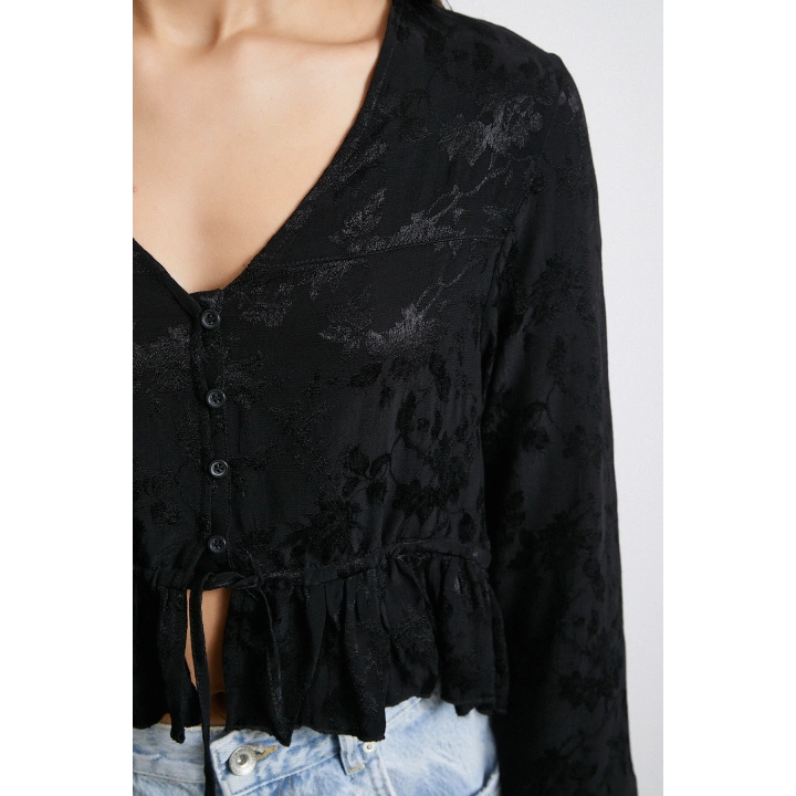 V Yaka Fırfırlı Bluz Siyah