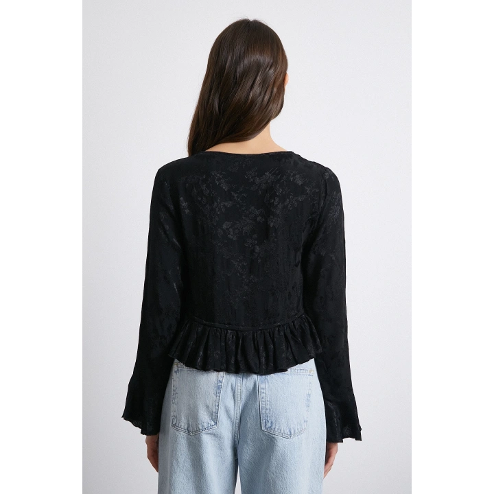 V Yaka Fırfırlı Bluz Siyah