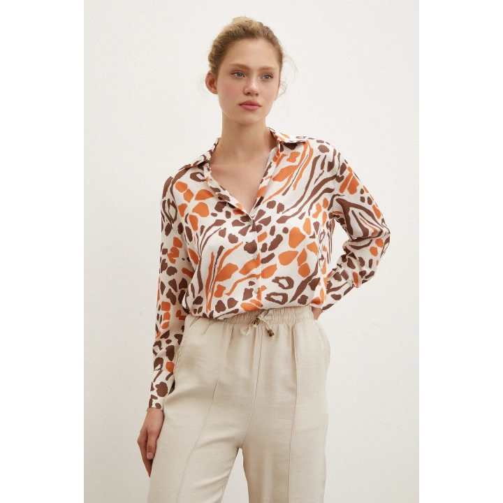 V Yaka Leopar Desen Gömlek Taş