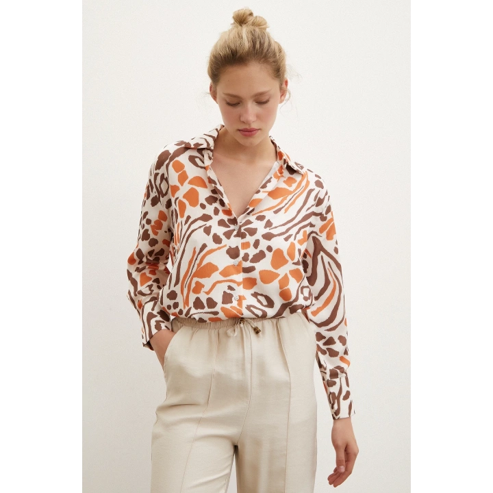 V Yaka Leopar Desen Gömlek Taş