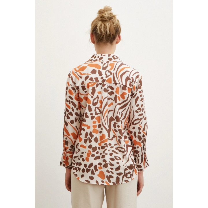 V Yaka Leopar Desen Gömlek Taş