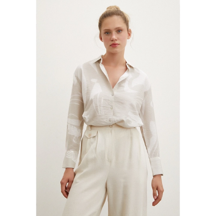 V Yaka Modal  Gömlek Bej