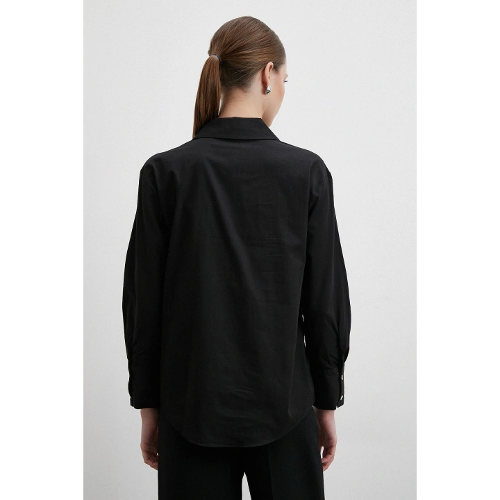 V Yaka Pamuk Gömlek Siyah
