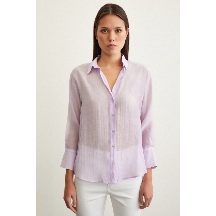 V Yaka Robalı Gömlek Lila