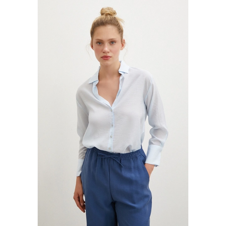 V Yaka Robalı Gömlek Mavi