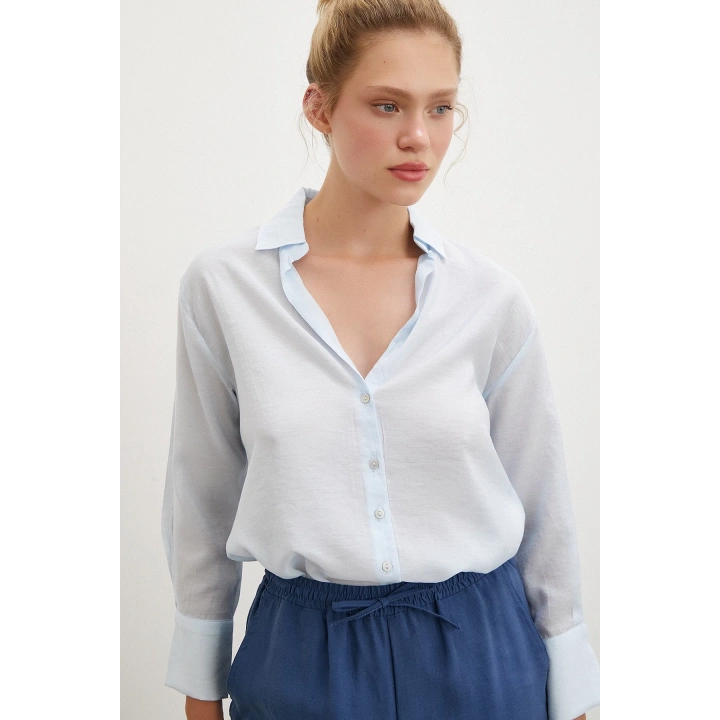 V Yaka Robalı Gömlek Mavi