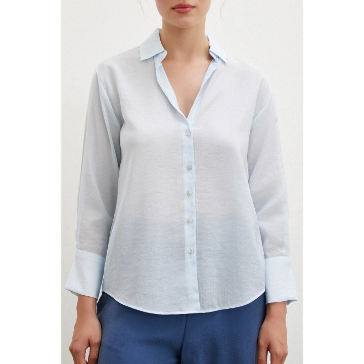 V Yaka Robalı Gömlek Mavi