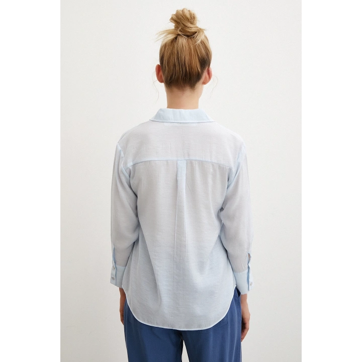 V Yaka Robalı Gömlek Mavi