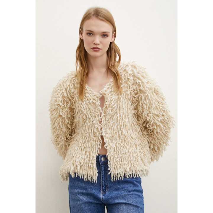 V Yaka Saçaklı Hırka Ekru