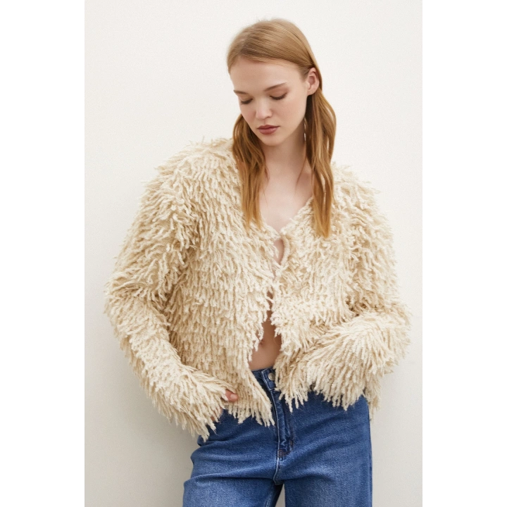 V Yaka Saçaklı Hırka Ekru