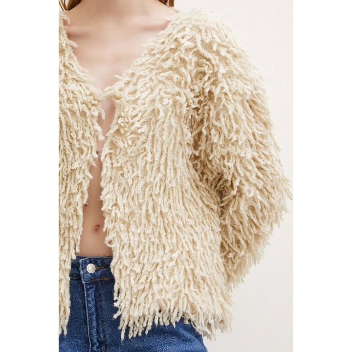 V Yaka Saçaklı Hırka Ekru