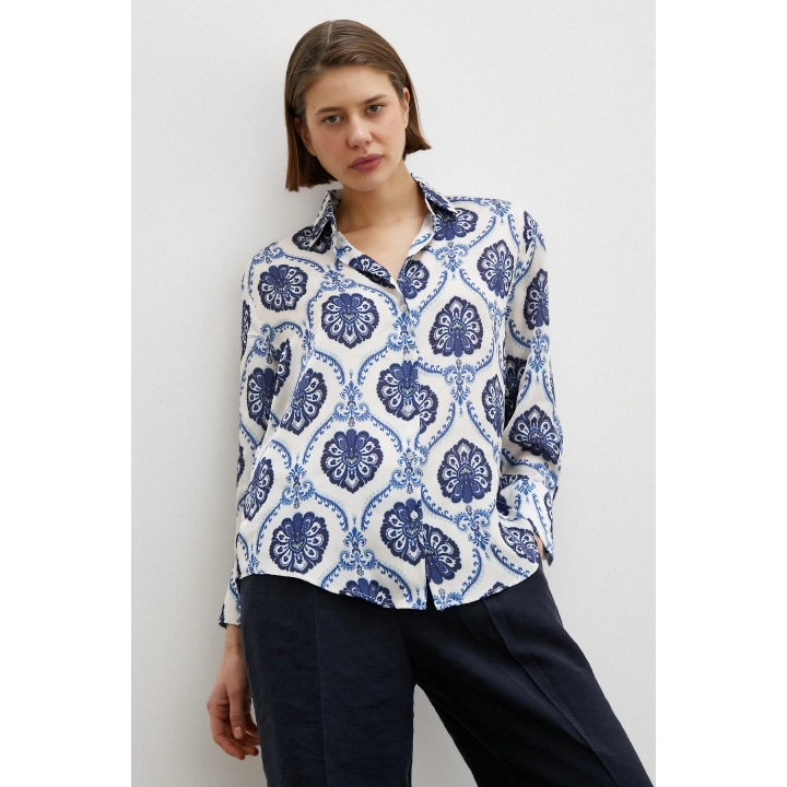 V Yaka Şal Desen Gömlek Lacivert