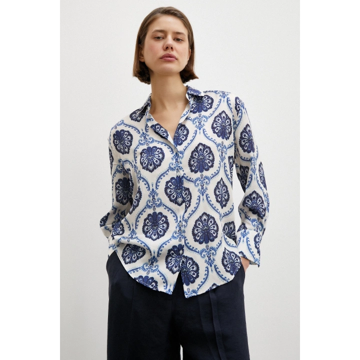 V Yaka Şal Desen Gömlek Lacivert
