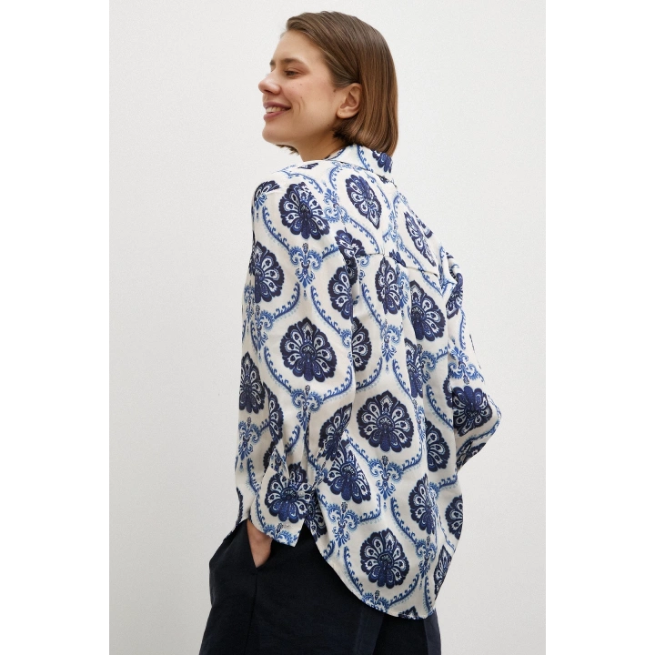 V Yaka Şal Desen Gömlek Lacivert