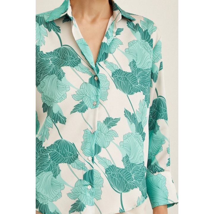 V Yaka Saten Gömlek Yeşil