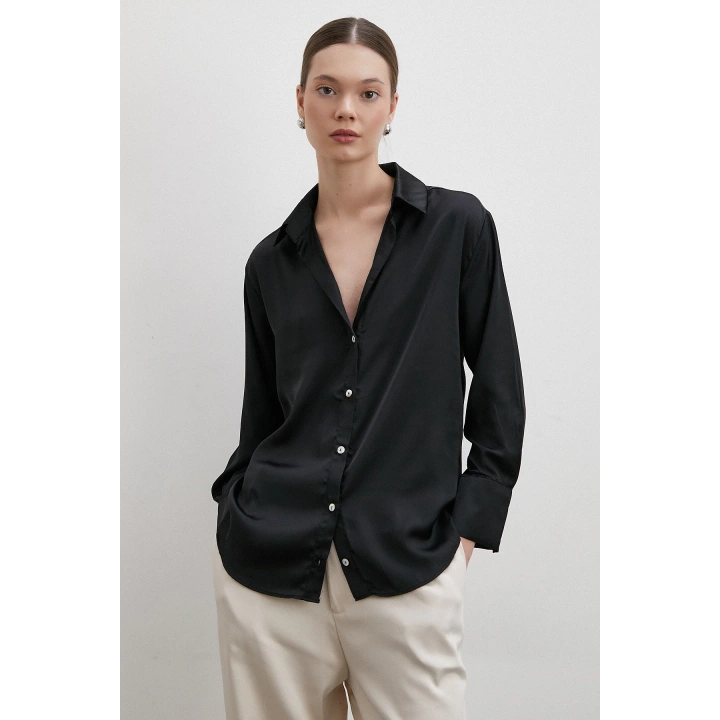 V Yaka Şifon Gömlek Siyah