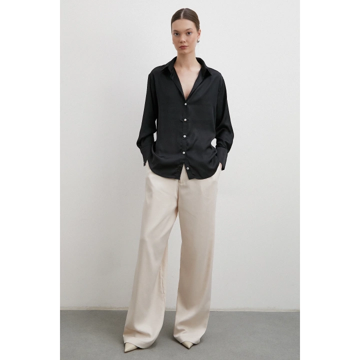 V Yaka Şifon Gömlek Siyah