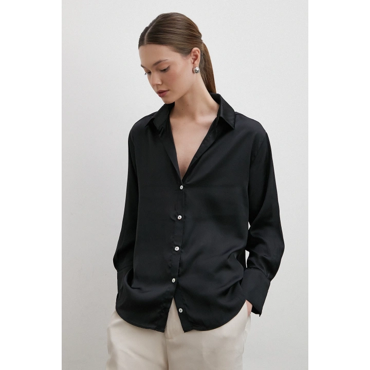 V Yaka Şifon Gömlek Siyah
