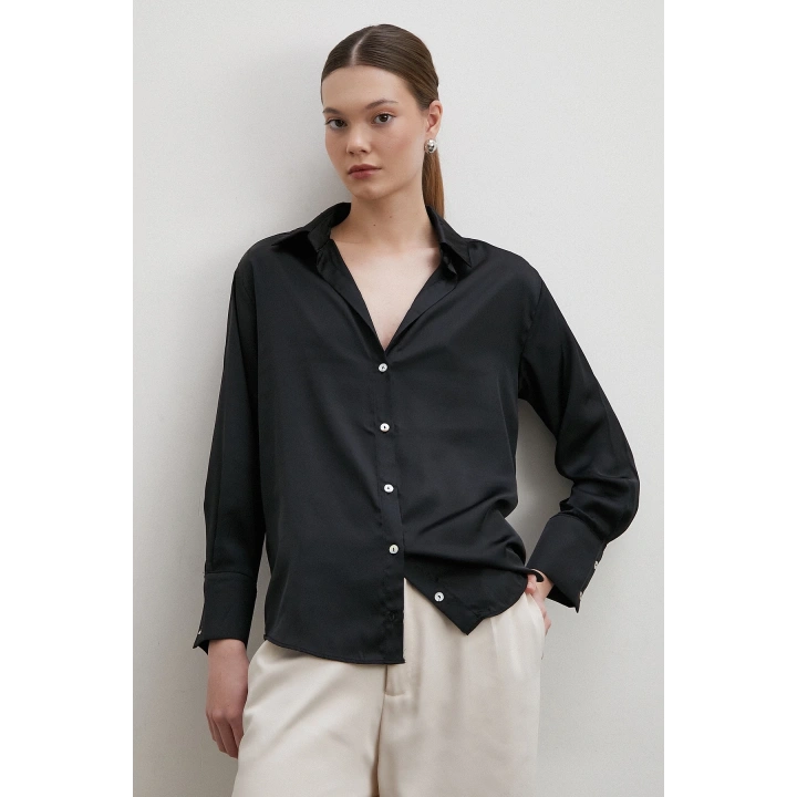 V Yaka Şifon Gömlek Siyah