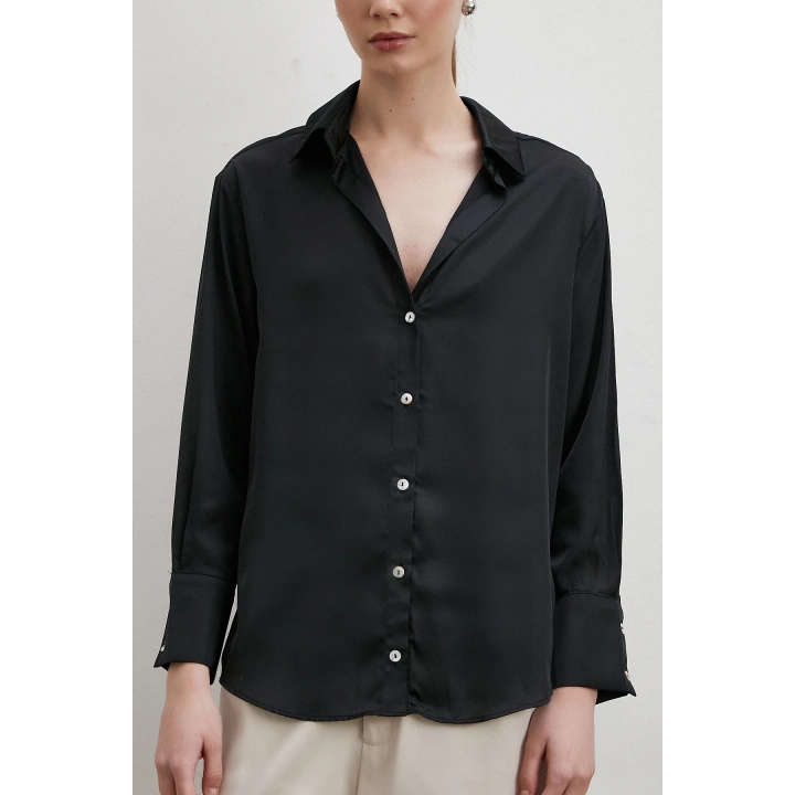 V Yaka Şifon Gömlek Siyah