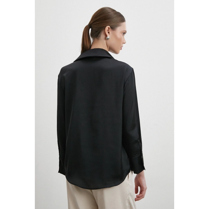 V Yaka Şifon Gömlek Siyah