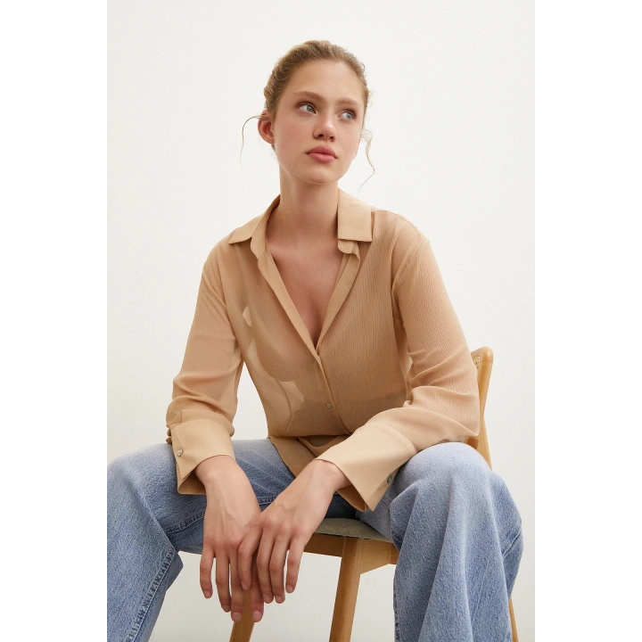 V Yaka Tül Gömlek Nude