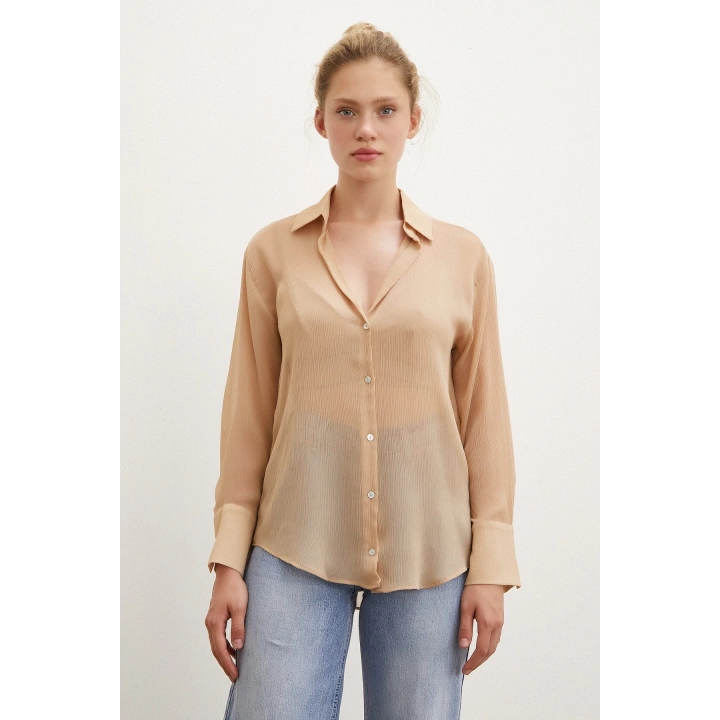 V Yaka Tül Gömlek Nude