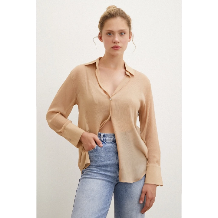 V Yaka Tül Gömlek Nude