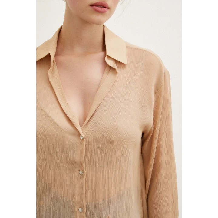 V Yaka Tül Gömlek Nude