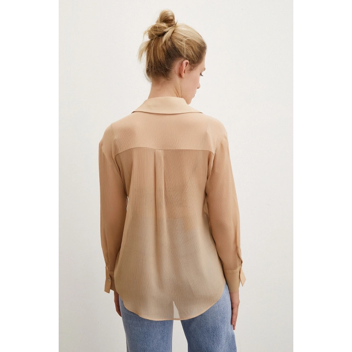 V Yaka Tül Gömlek Nude