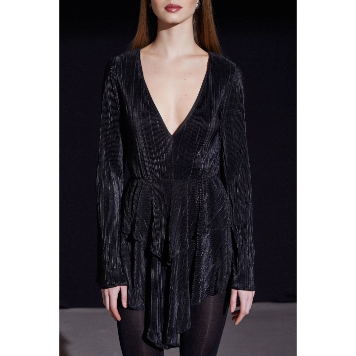 V Yaka Volanlı Mini Elbise Siyah