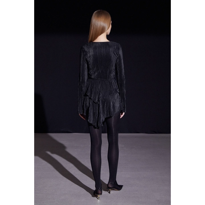 V Yaka Volanlı Mini Elbise Siyah