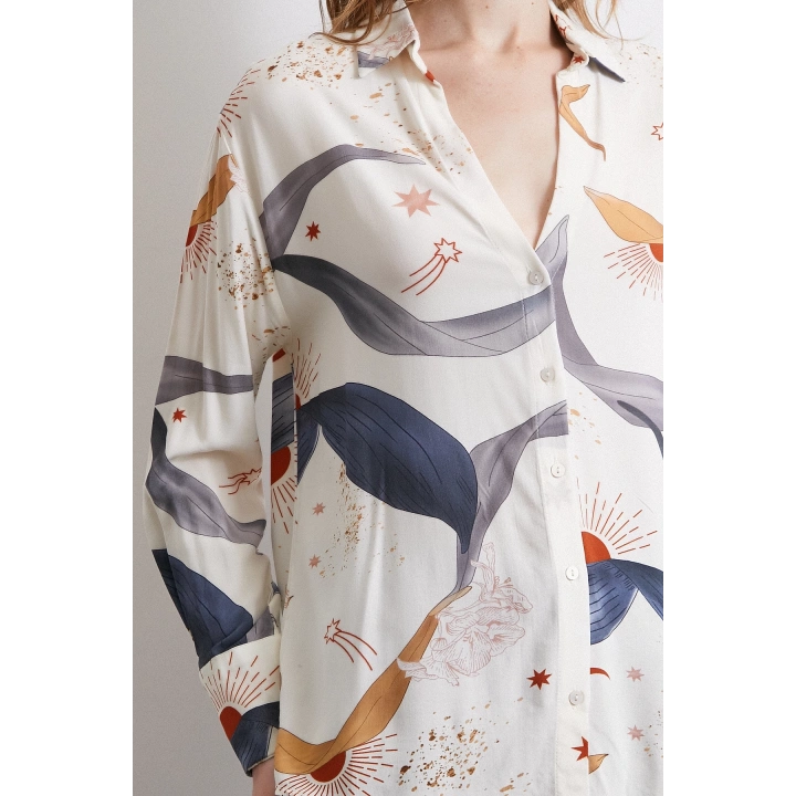 V Yakalı Desenli Gömlek Ekru