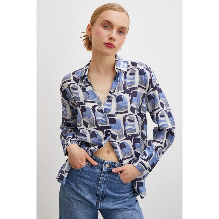 Van Gogh Desenli Gömlek Mavi