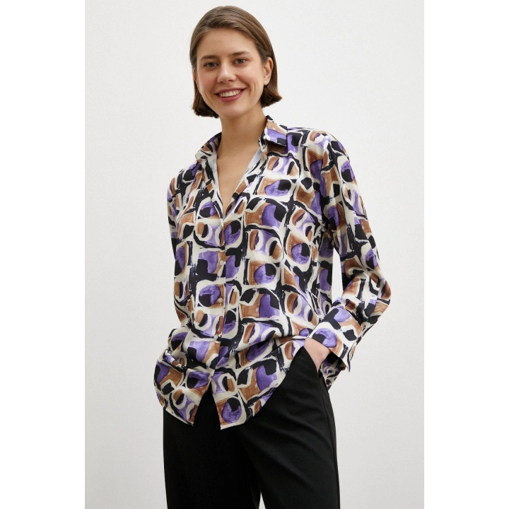 Van Gogh Desenli Gömlek Mor