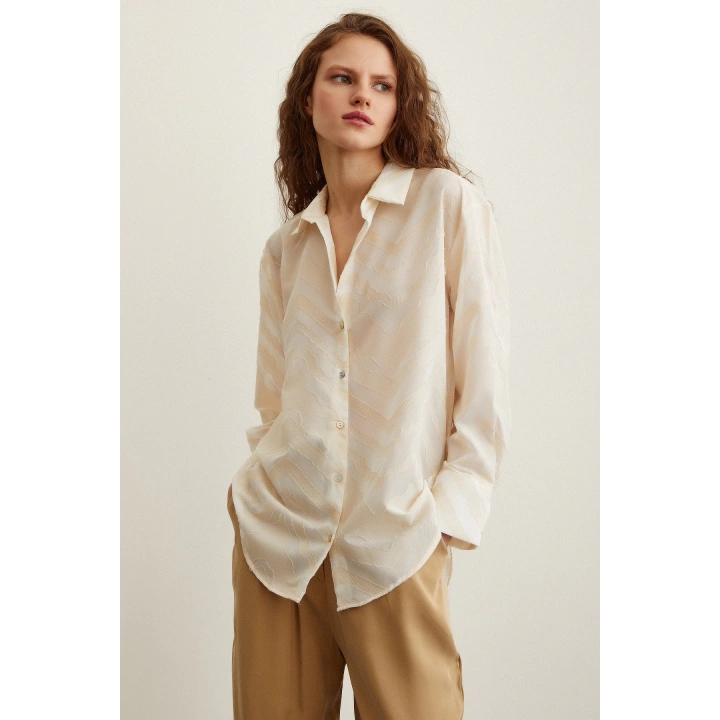 Viskon Flamlı Gömlek Krem