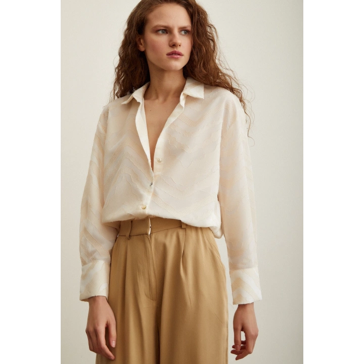 Viskon Flamlı Gömlek Krem