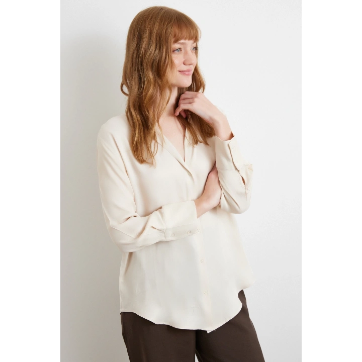 Viskon Saten Gömlek Bej