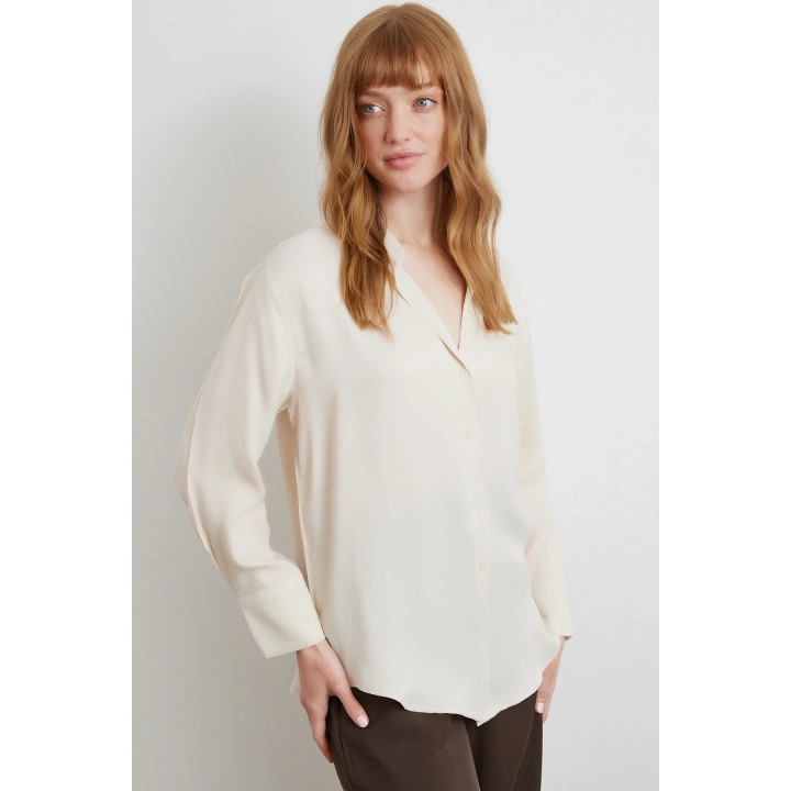 Viskon Saten Gömlek Bej