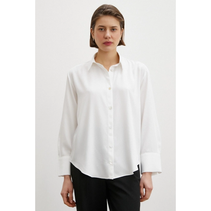 Viskon Saten Gömlek Beyaz