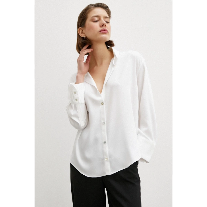 Viskon Saten Gömlek Beyaz