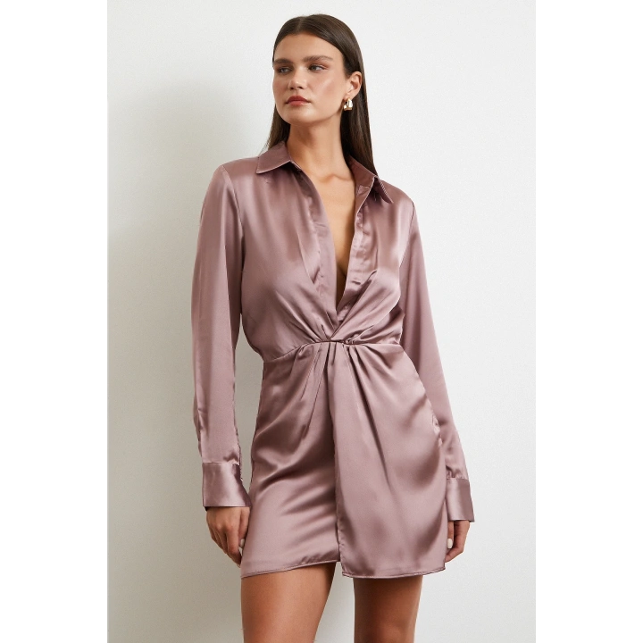 Viskon Saten Gömlek Elbise Yeşil