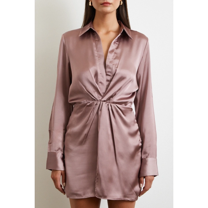 Viskon Saten Gömlek Elbise Yeşil