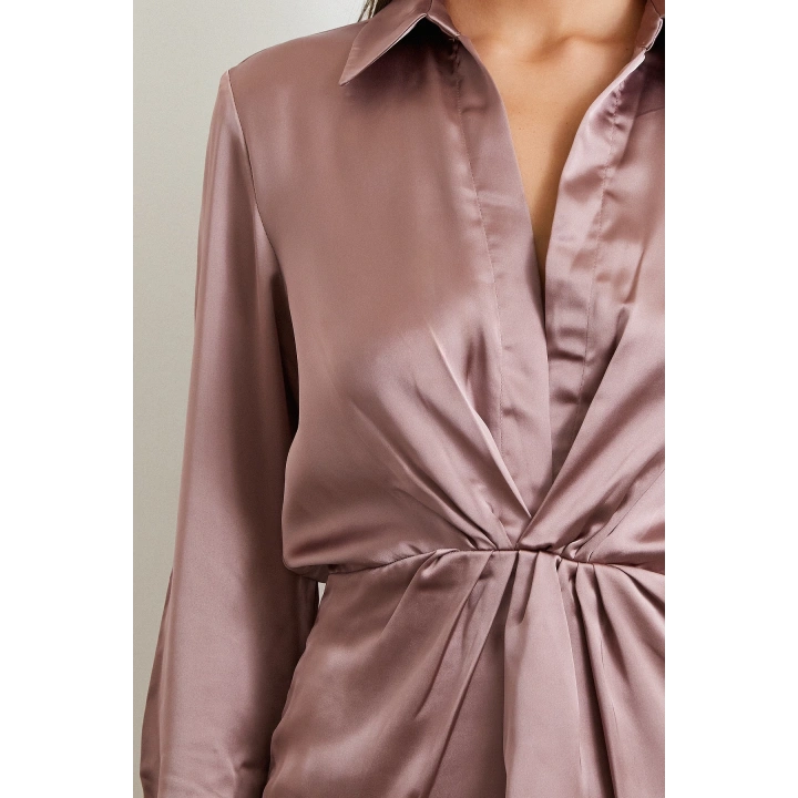 Viskon Saten Gömlek Elbise Yeşil