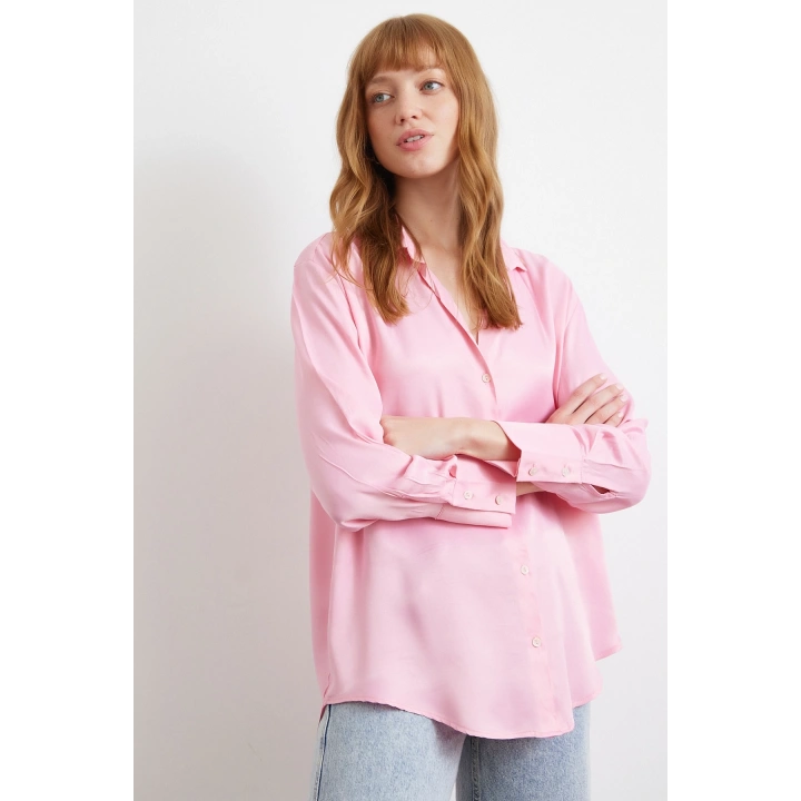 Viskon Saten Gömlek Pembe