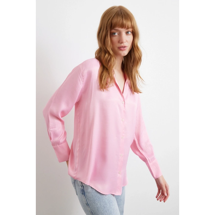 Viskon Saten Gömlek Pembe